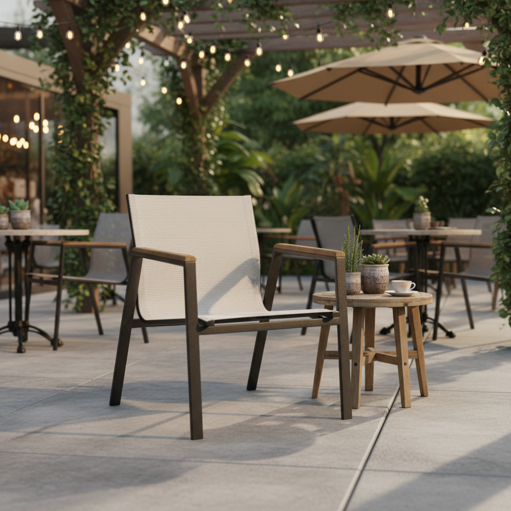 Modern Dış Mekan Sandalyesi - Fileli Gri Kumaş, Ahşap Detay