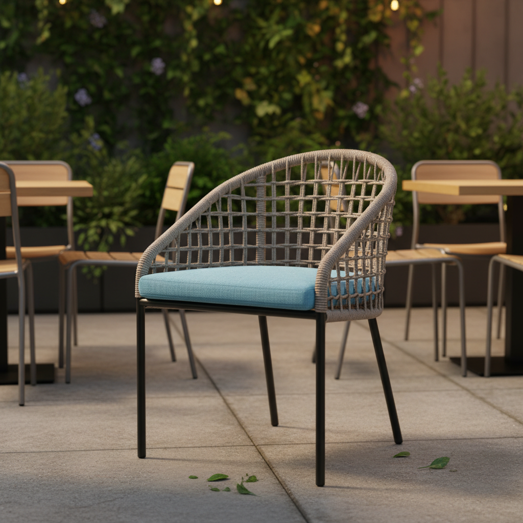 Modern Rattan Görünümlü Örgü Dış Mekan Sandalyesi - Beyaz Minderli