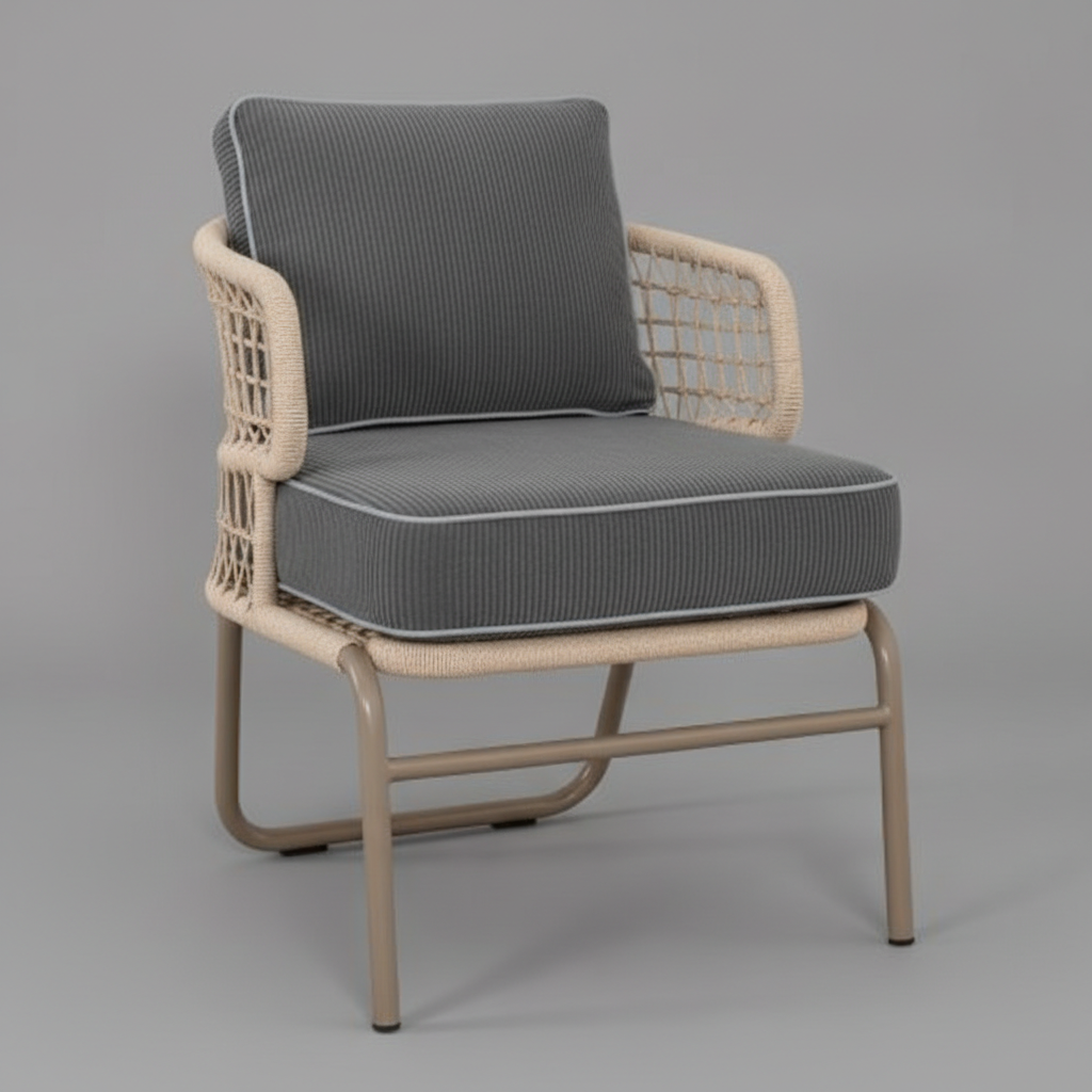 Lüks Bej İp Örgülü Dış Mekan Konfor Sandalyesi