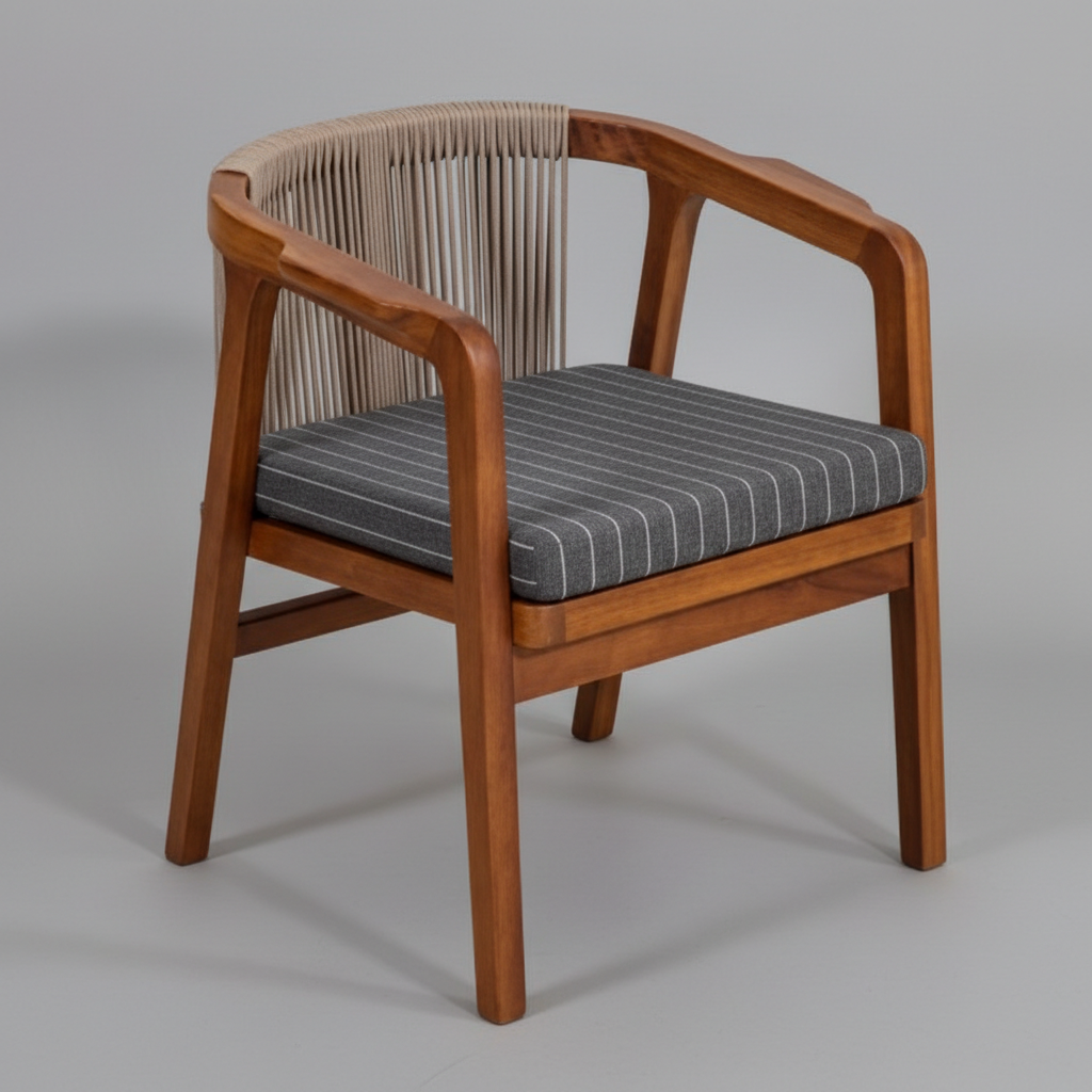 Marin Çizgili Minderli Ahşap Halat Örgülü Sandalye