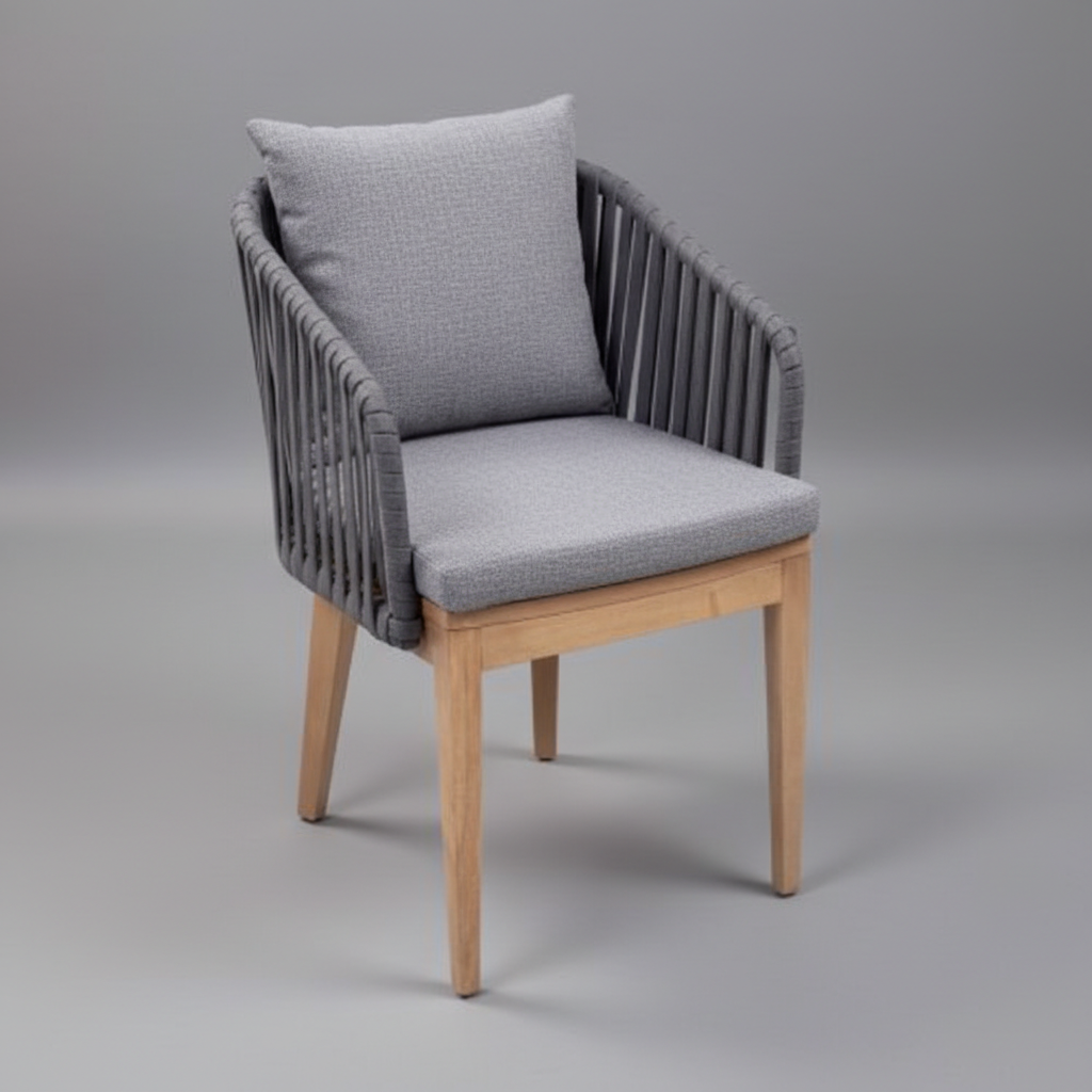 Gri Minderli Halat Örgü Detaylı Ahşap Kolçaklı Sandalye