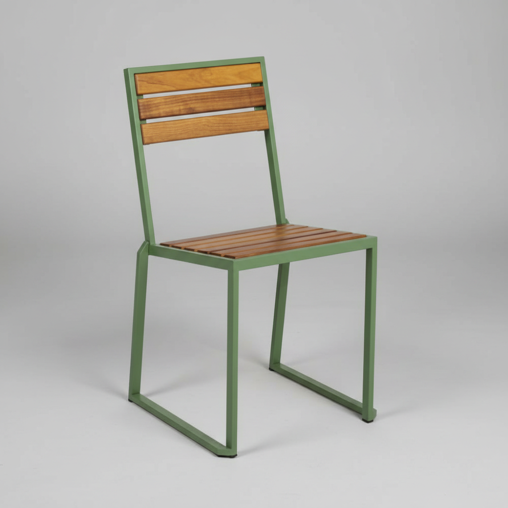 Terra Serisi Yeşil Metal ve Doğal Ahşap Dış Mekan Sandalyesi