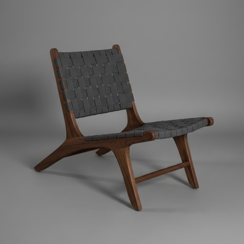 Örgü Deri Detaylı Ahşap Lounge Sandalye