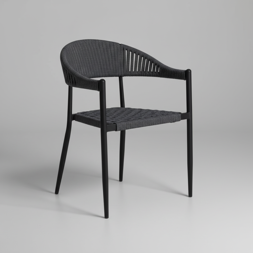 Modern Siyah Metal Ayaklı Örgü Detaylı Kolçaklı Sandalye