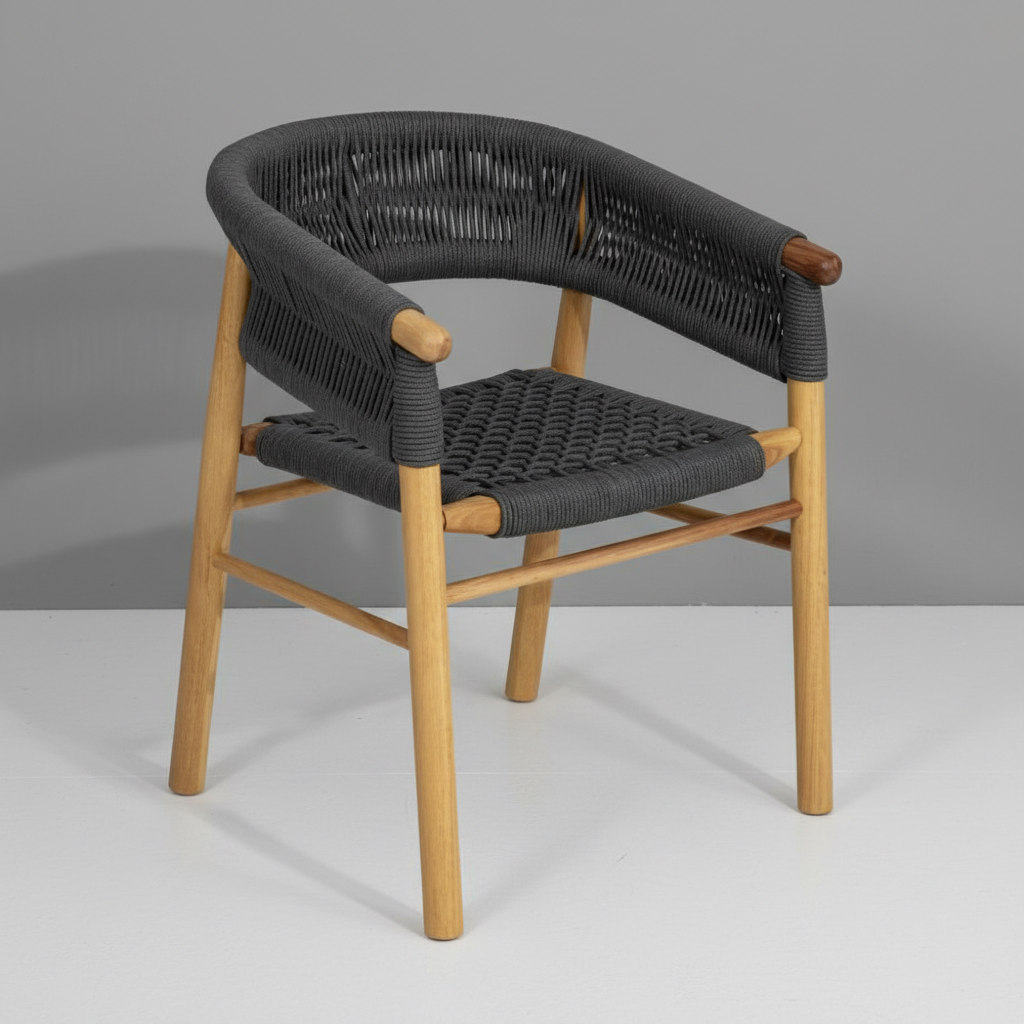 Natural Bohem Örgü İpli Ahşap Kolçaklı Çok Amaçlı Sandalye