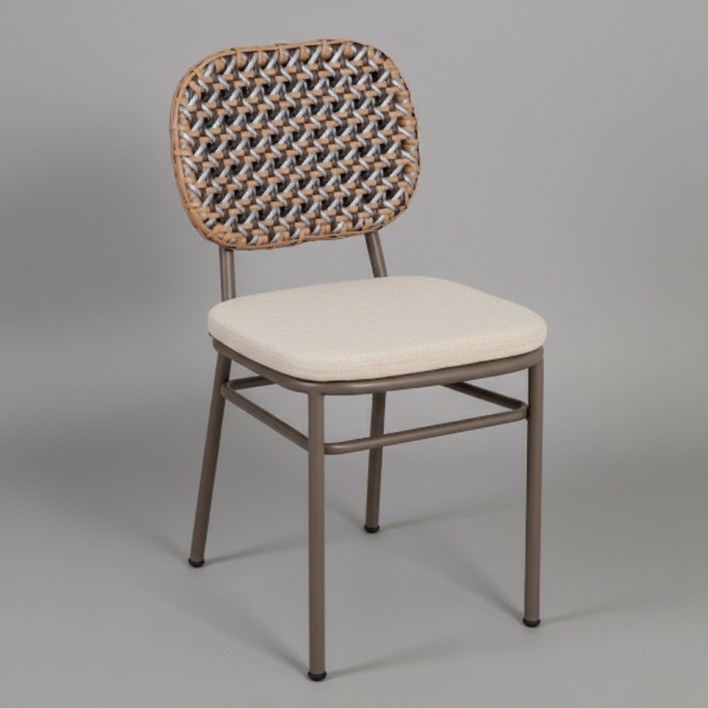 Multi-Ton Rattan Örgülü Metal Yemek Sandalyesi - Minderli