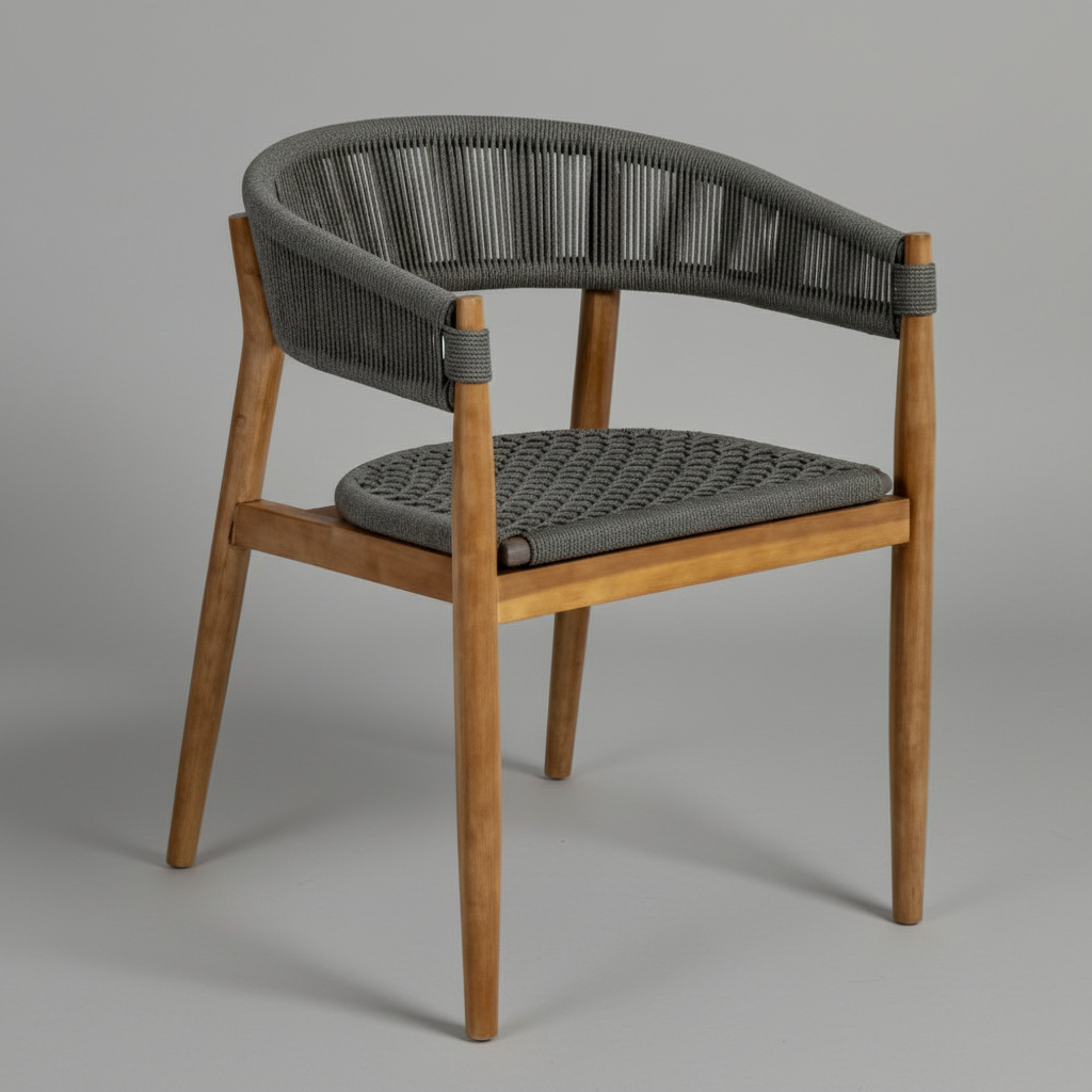 Akdeniz Serisi Ahşap Kollu İp Örgü Yemek ve Bahçe Sandalyesi