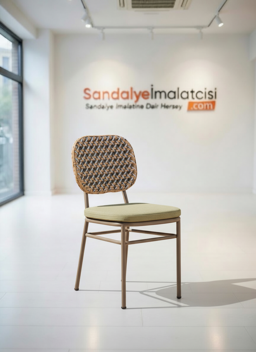 Multi-Ton Rattan Örgülü Metal Yemek Sandalyesi - Minderli
