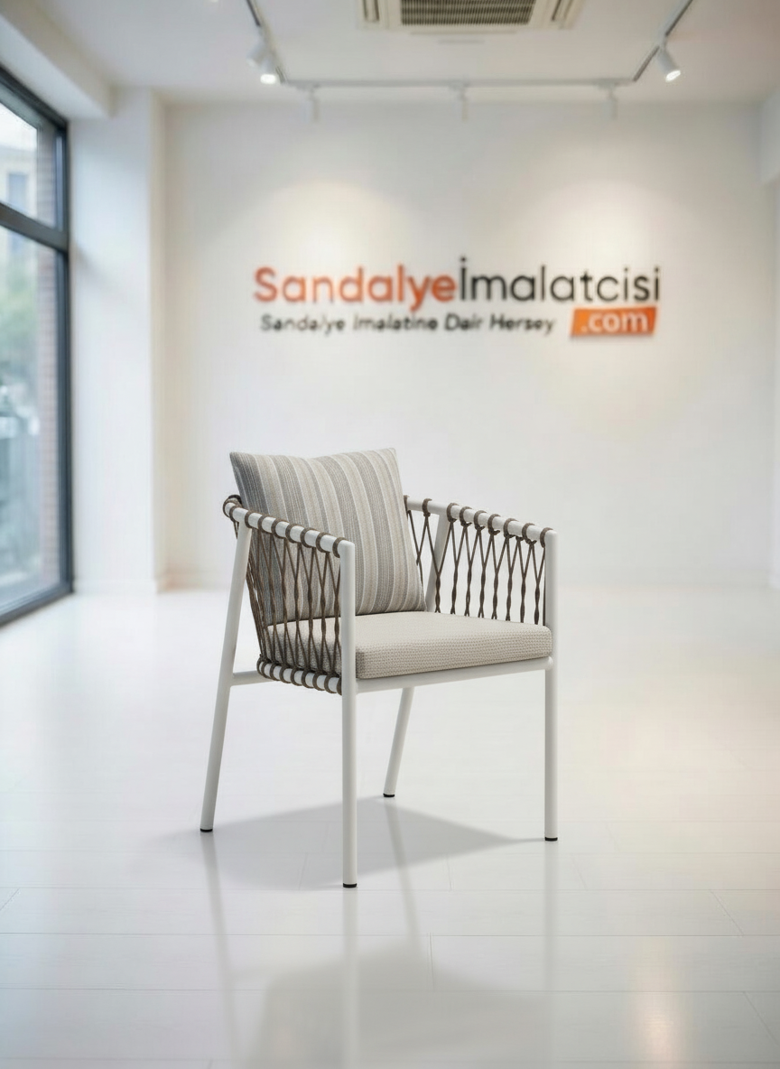 Beyaz Metal Örgü Detaylı Konforlu Bahçe Sandalyesi