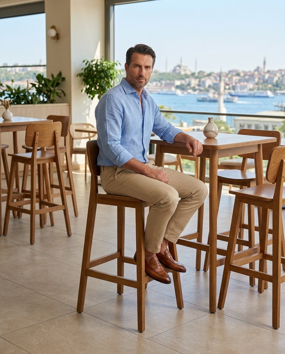 Modern Masif Ahşap Bar Sandalyesi